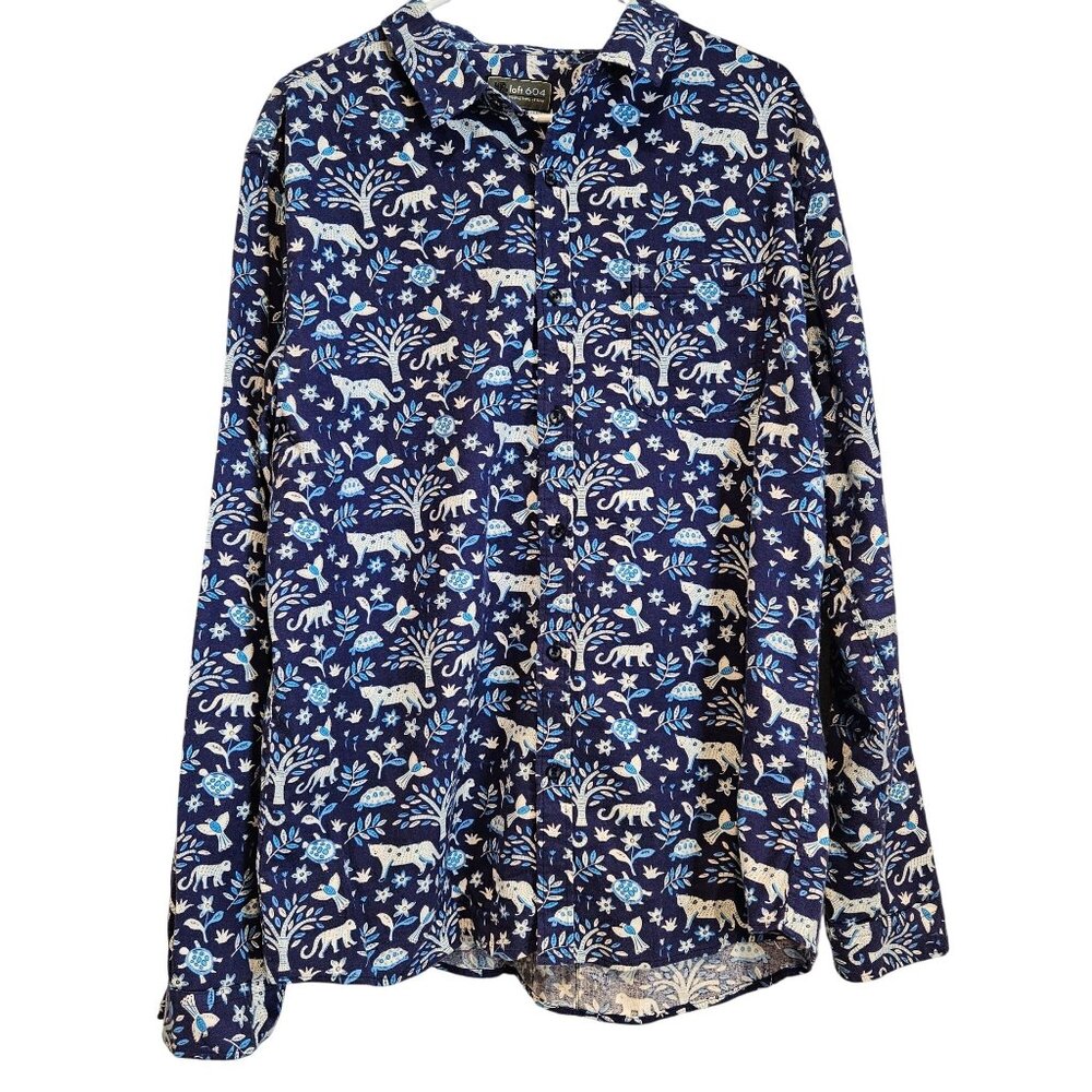 Loft 604 Men Size XXL Button Up Shirt Jungle Print Blue Novelty Long Sleeve